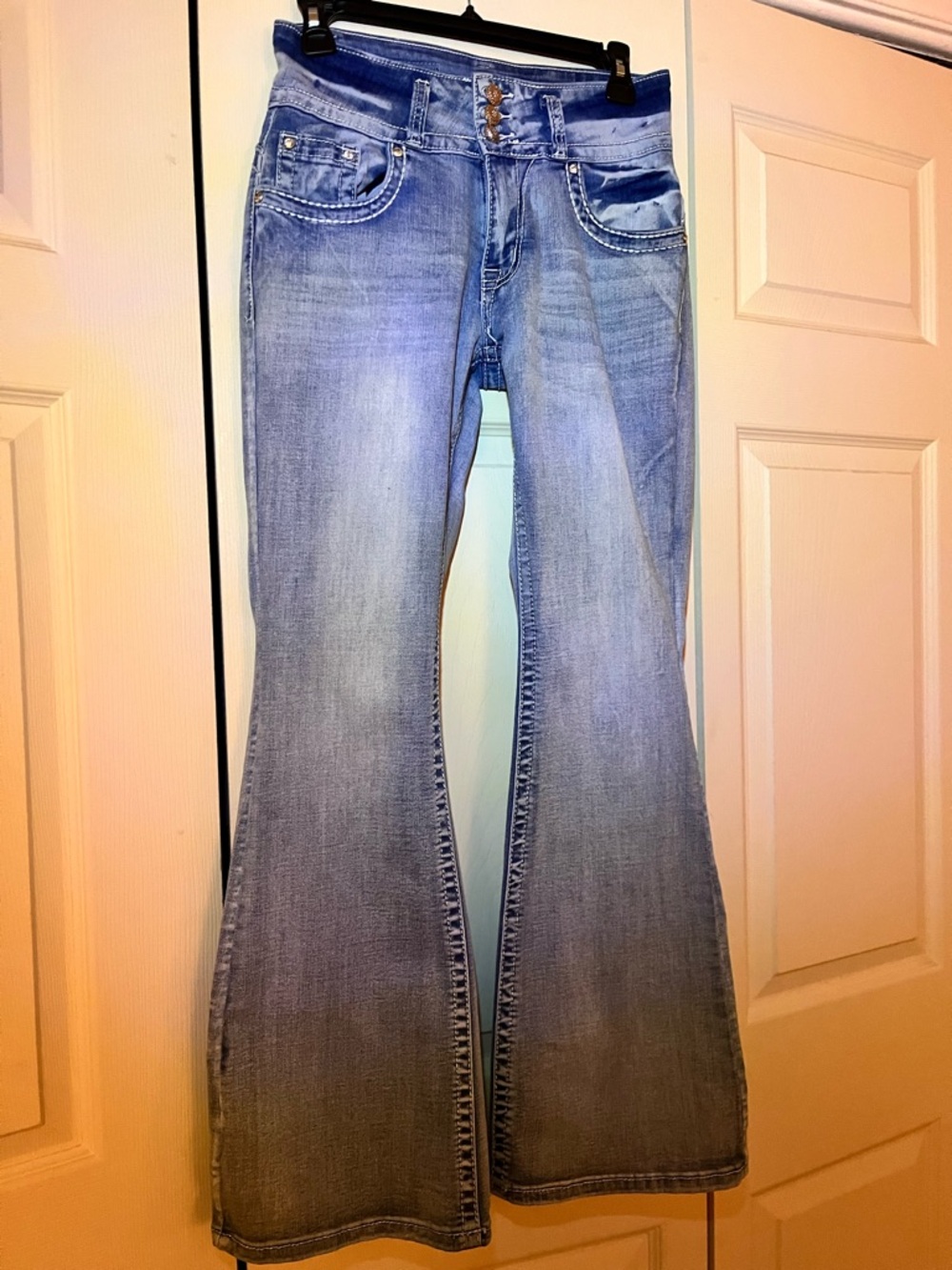 Sky Medium Wash Flare Jeans Rhinestones Triple Button Detail Size 7/8